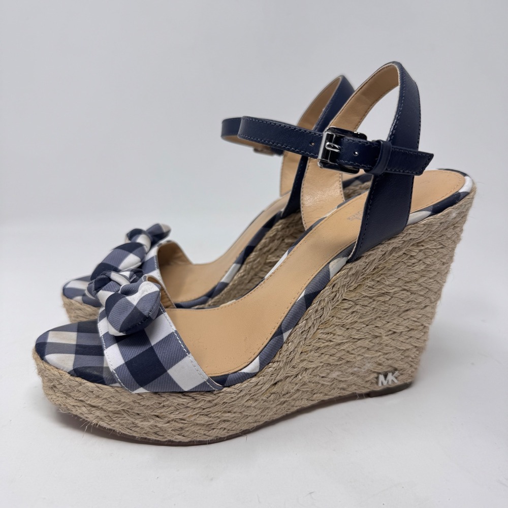 Michael Kors Pippa Gingham Espadrille Wedge Sandals Blue/White Check Size 6.5 - Picture 2 of 7